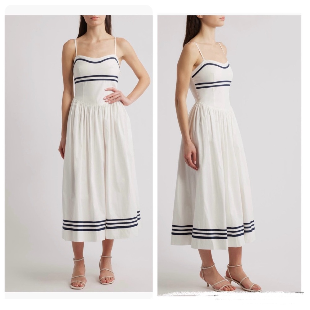 NEW Moon River White Navy Striped Sleeveless Flared Cotton Midi Dress size S